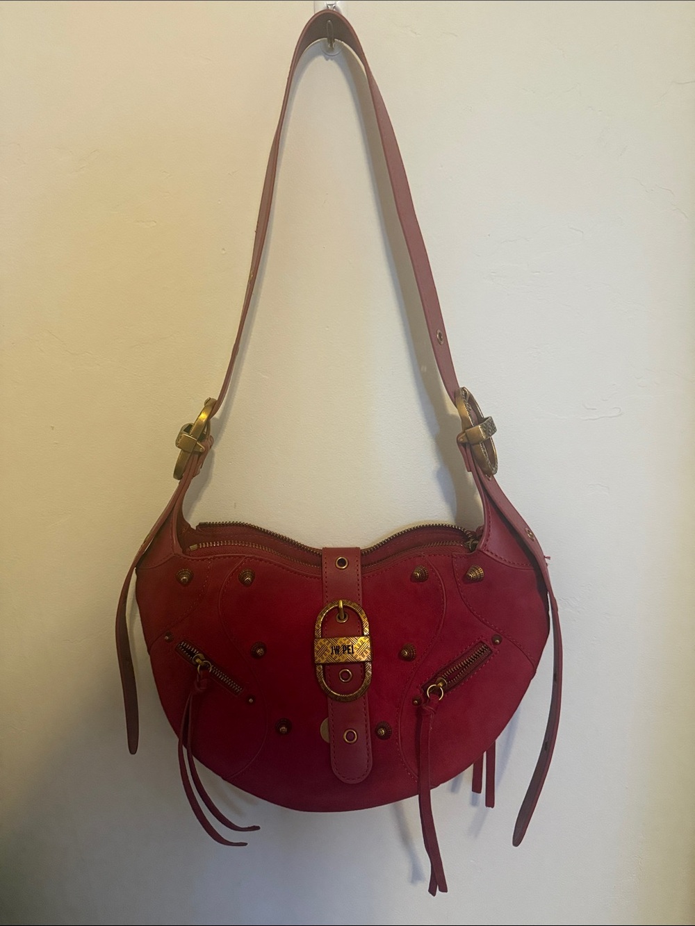 JW PEI Red Suede Shoulder Bag with Gold Buckle